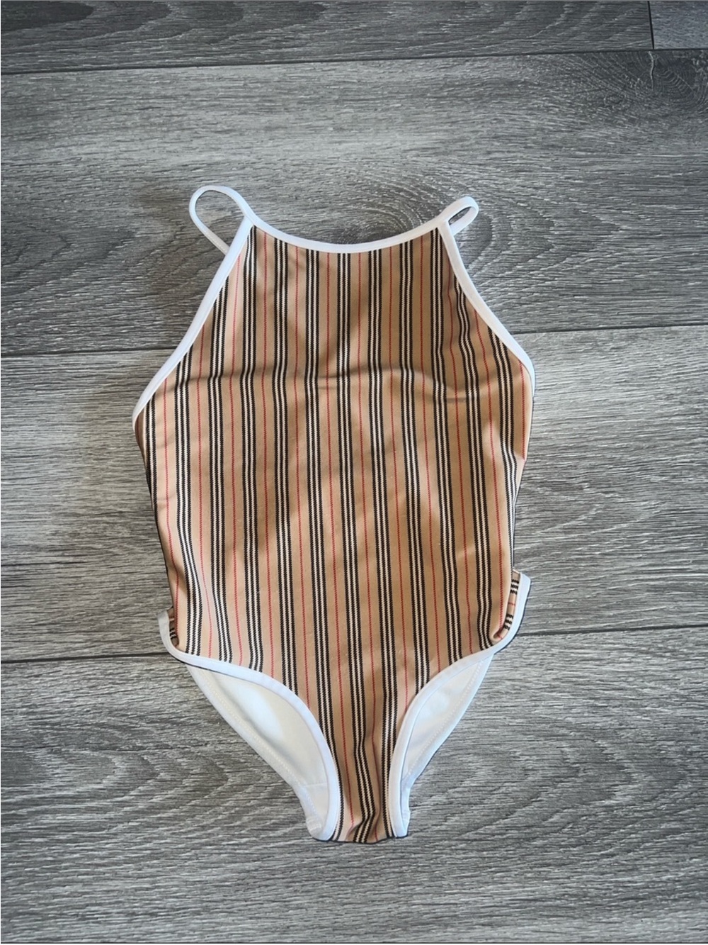 Burberry Kids Beige, Black and White Striped One-Piece Swimsuit
